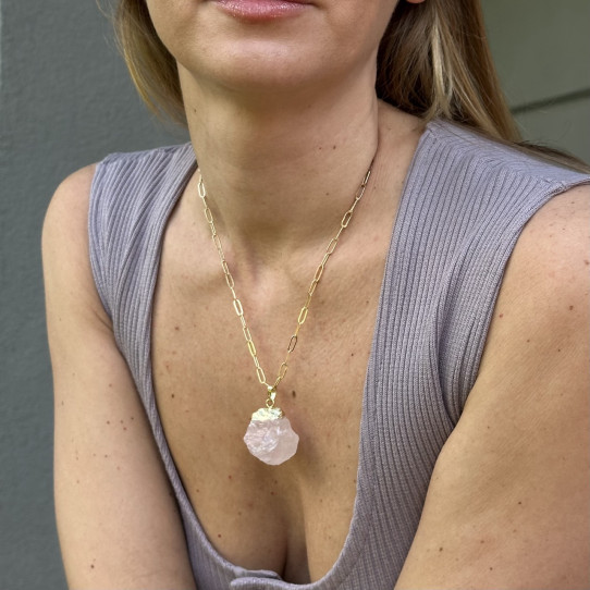 Natural unprocessed Rose Quartz pendant on a gold-plated chain